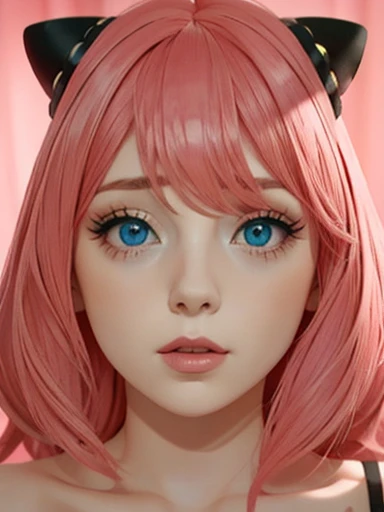   pink hair  ,  blue eyes pink cheeks full lips and dark makeup cute face looking at the spectator, big tits nsfw 