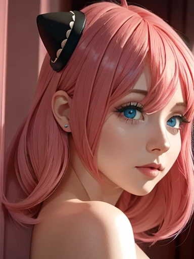   pink hair  ,  blue eyes pink cheeks full lips and dark makeup cute face looking at the spectator, big tits nsfw 