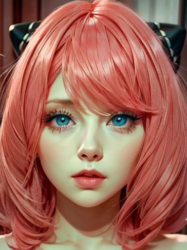   pink hair  ,  blue eyes pink cheeks full lips and dark makeup cute face looking at the spectator, big tits nsfw 