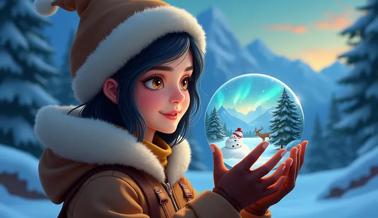  close-up of a crystal ball with a cute snowman in sight snow , Aurora and snowy mountains  ,  reindeer Christmas tree   ,  Alva Aisha Ronaldas  ,    Very Beautiful Girl Looks at Her Hand 、 Looking Inside a Crystal Ball   ,    Wearing a Hooded Hat 、Warm Le...