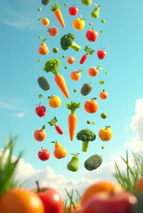 Fruits and vegetables floating in the sky