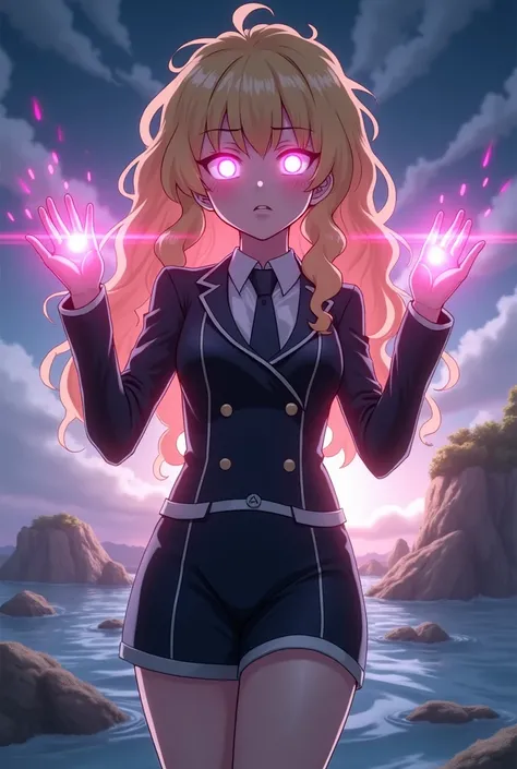  Screenshot of My hero Academia , female, annoyed, torn eyes opaque pastel pink ,  curly hair ,  long hair, bee, blonde hair shining pink rays in a short black suit with silver details, shining rays of water from my hands , with pieces of land floating beh...