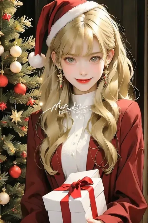 (( top quality )), ((masterpiece)), (  Details), Santa Claus-style dress （Blonde girl with wavy hair wearing ） holding a gift box，Baby Face， using red and white 、smile、
