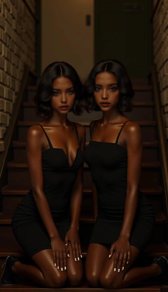 POV view of a pair of twin women sitting on a high staircase，16K quality， Ultra HD， ultra-realistic style ，Take a picture of the cellar in the basement ，At the front end of the picture, there is a closed door and a wine cabinet， There is a pair of twins kn...