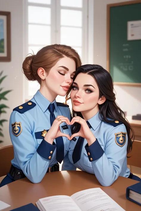 Women, beautiful, Caucasian, 22 years old, Colombian police,  auxiliary military green uniform , on desktop,  strong and captivating look , high eyebrows at the end , thin lips,  degree ring on right hand ,  left hand heart ring, sitting,  white desk , bla...