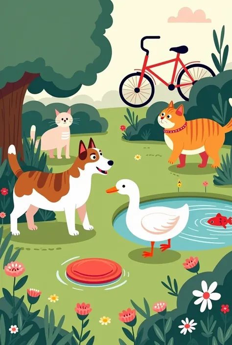 help me, make for me a picture includes a bike, one dog, one cat, one duck and one fish. They are doing different things in the garden. The colour is simple. 