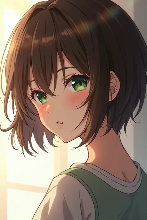 A woman with brown hair, wolfcut style, green eyes, anime style