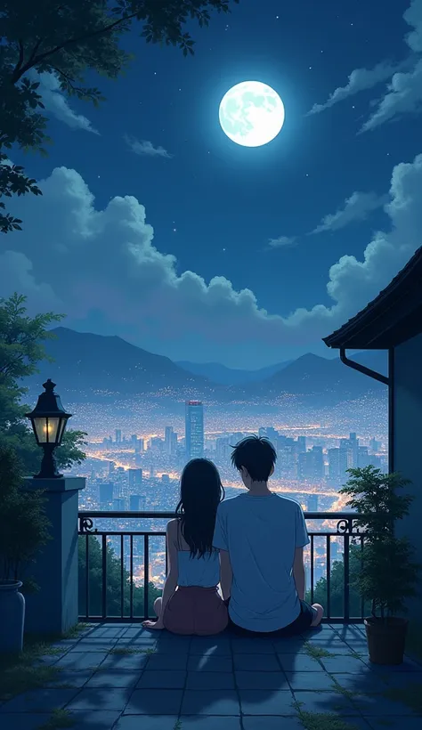 Anime couple sitting on terrage, background have small building ,beatiful view of city , soft vintage with night and white moon 