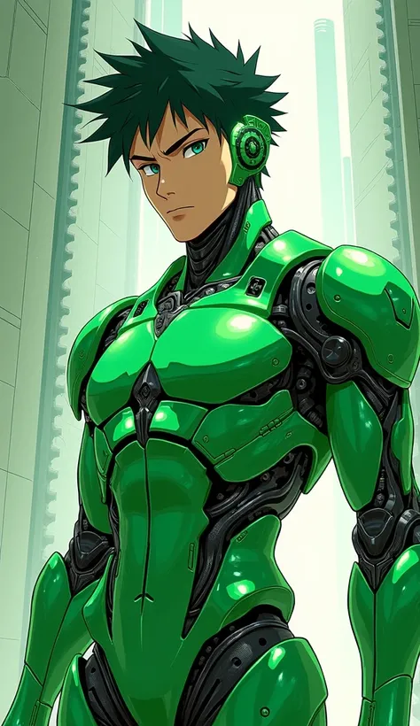 green male cyborg half human , anime style illustration , 