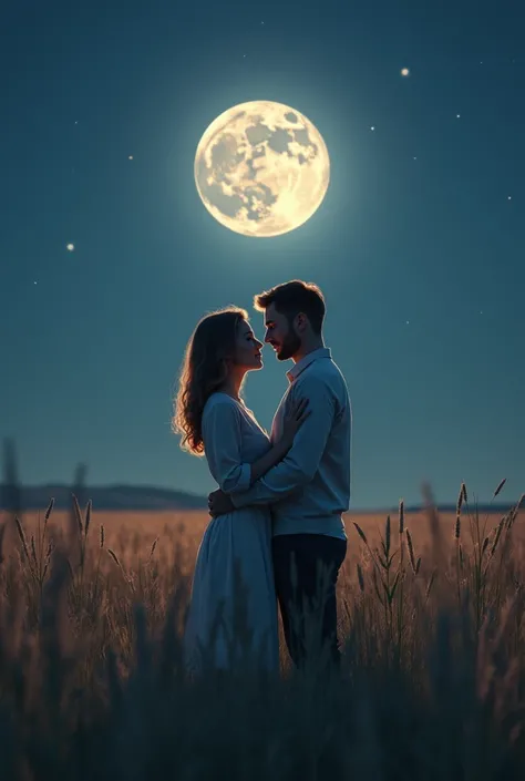 Create an image of a man and a woman wearing a long-sleeved shirt, standing under the moonlight in the middle of the meadow