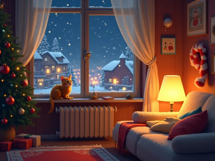  apartment , cat,  warm lamp lighting ,  cozy atmosphere Christmas tree , heating radiator ,  outside the window is a winter night city illuminated by festive lights