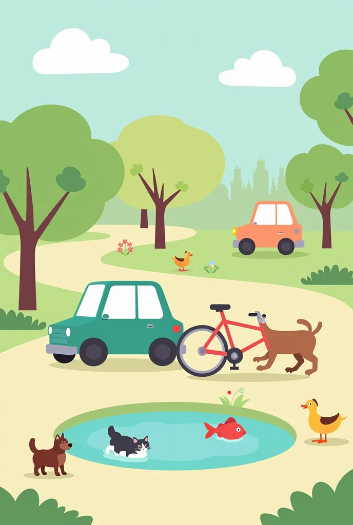 Create for me a car and a bike in the park, one cat, one dog, one fish and a duck. The colour is simple and the size is landscape. 