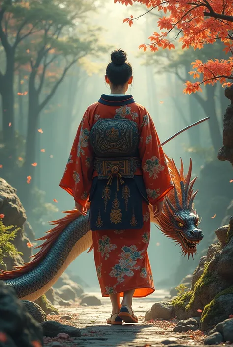 Back view of a samurai wearing a kimono walking with a Japanese dragon