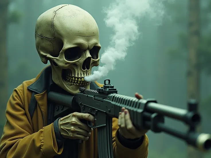 skull smoking weed with rifle shooting