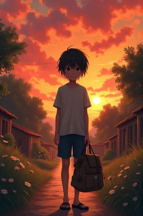 "A young person saying farewell to their village, during sunset, with reddish clouds in the sky. Holding an old bag and showing a mix of emotions in their eyes. Behind them, an old village with mud streets and trees, and ahead lies a path full of new hopes...