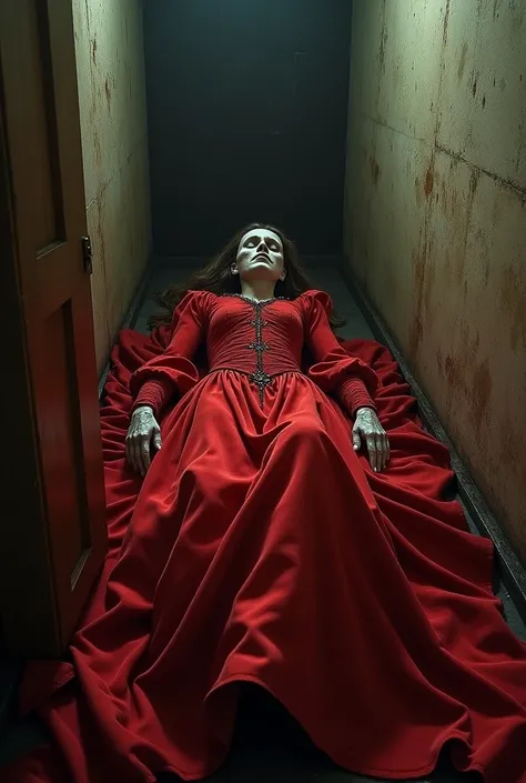 "The body of the noble woman ,  found weeks later ,  resting in the intact cell , , her pale skin and her bright red dress as if she were alive.."