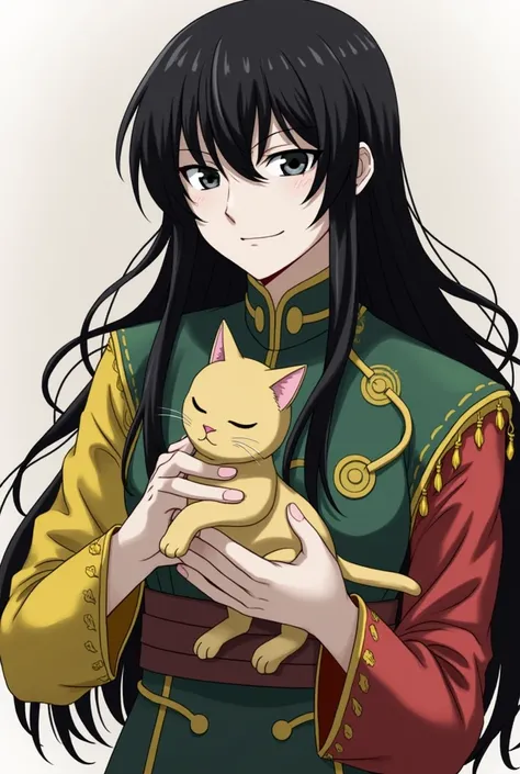 tomioka giyuu, chico,  long black hair, slightly wavy,  soft white skin ,  demon hunter uniform,  ahori crimson color on the right side ,  green and yellow of different shades and a pattern on the left side, stroking a cat 