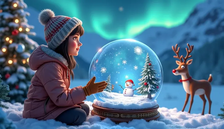 Close-up snow of a crystal ball showing a cute snowman , Aurora and snowy mountains  ,  reindeer Christmas tree   ,  Alva Aisha Ronaldas  ,    Very Beautiful Girl Looks at Her Hand 、 Looking Inside a Crystal Ball   ,    Wearing a Hooded Hat 、Warm Leather G...