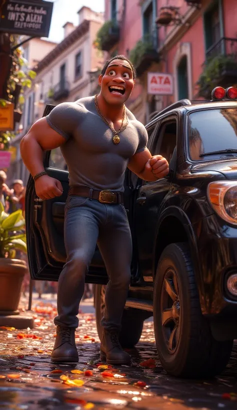  On a New York street corner ,  The Rock appears as an unexpected hero .  He wears a tight t-shirt that highlights his muscles , dark jeans and boots .  One of the agents chasing Jay-Z is on the ground ,  knocked out by The Rock .  He holds the door open o...