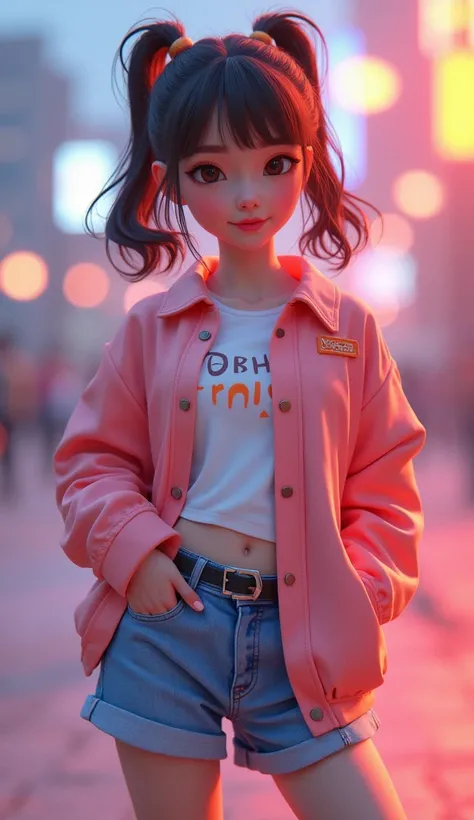 Full body 4D shot of a K-pop idol girl, , 3D Pixar style,  trend on artstation, art photography, shirt, short, semi realistic