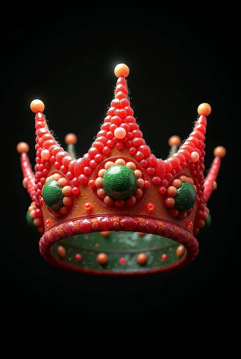 Black background and a candy crown, That it has the colors red and green 