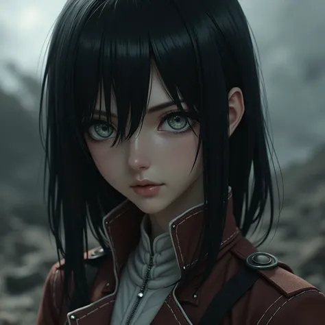 I want a female character in the Attack on Titan model, with straight black hair and bangs, lifeless grayish blue eyes, a serious expression on her face and with the reconnaissance uniform.