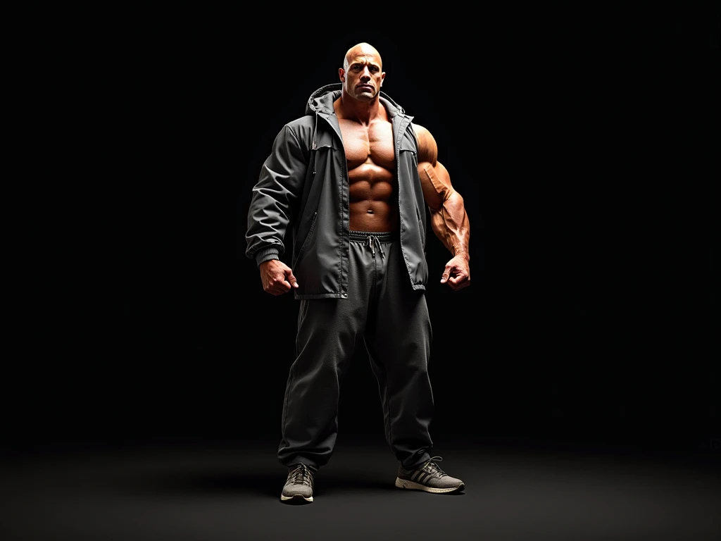 strong man, Dwayne Douglas Johnson, muscles, bald head, sweatpants, raincoat. black background