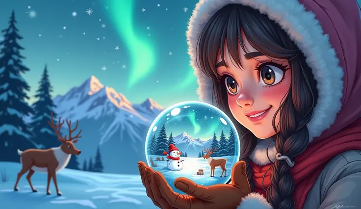  close-up of a crystal ball with a cute snowman in sight snow , Aurora and snowy mountains  ,  reindeer Christmas tree   ,  Alva Aisha Ronaldas  ,    Very Beautiful Girl Looks at Her Hand 、 Looking Inside a Crystal Ball   ,    Wearing a Hooded Hat 、Warm Le...