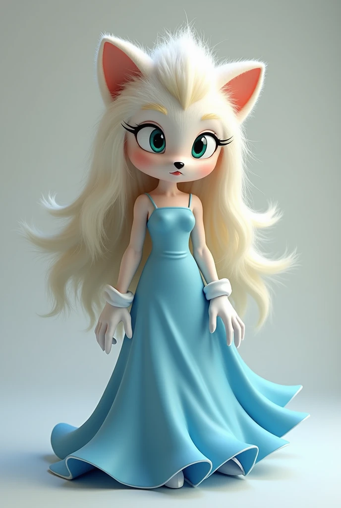 Make a full body render of Maria Robotnik from the Sonic the Hedgehog franchise as a white hedgehog in a blue dress with blonde hair based on live action movies