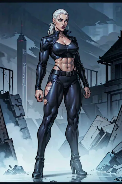 digital art, highly detailed, reference sheet, angled view, standing pose, legs spread apart, mature woman, adult female, bald, heavy muscular feminine features, bulky muscular figure, six-pack abs, whole body, form-fitting, Killer Frost (DC Comics) inspir...