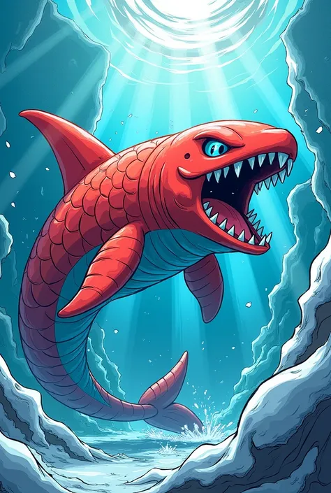 Draw in comic style, A red Pokémon Megalodon in an adult stage, ice-type .