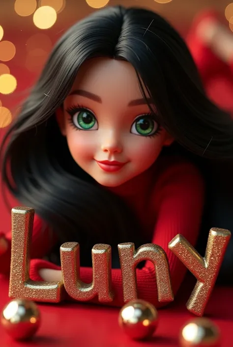 Cute girl Barbie Style 3d with long black hair, green eyes like Disney princess lay down in the words Luny writing in amazing and Fabolous letters in two shades of colors color black and Red around the corner  got color golden with glitter background like ...