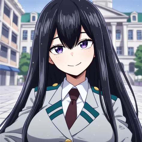  Create my character in the anime Boku no Hero.
 black hair, seeds, far away, loose, with a fringe on the forehead.  fair skin ,  dark purple eyes ,  skinny with medium big boobs , usando o um uniforme da My Hero academy.  Smiling slightly looking at the h...