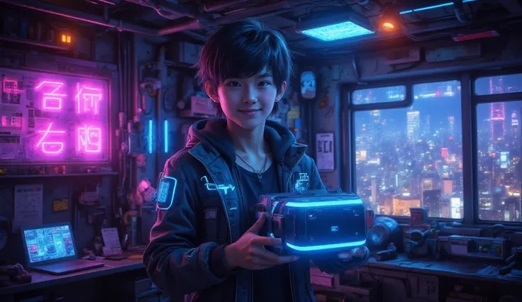 A medium shot of an Asian teenage boy with a cheerful smile, holding a non-glowing VR headset in a cyberpunk-themed room. The boy has short black hair with neon blue streaks, wearing a high-tech jacket with glowing circuit designs. The room features neon s...