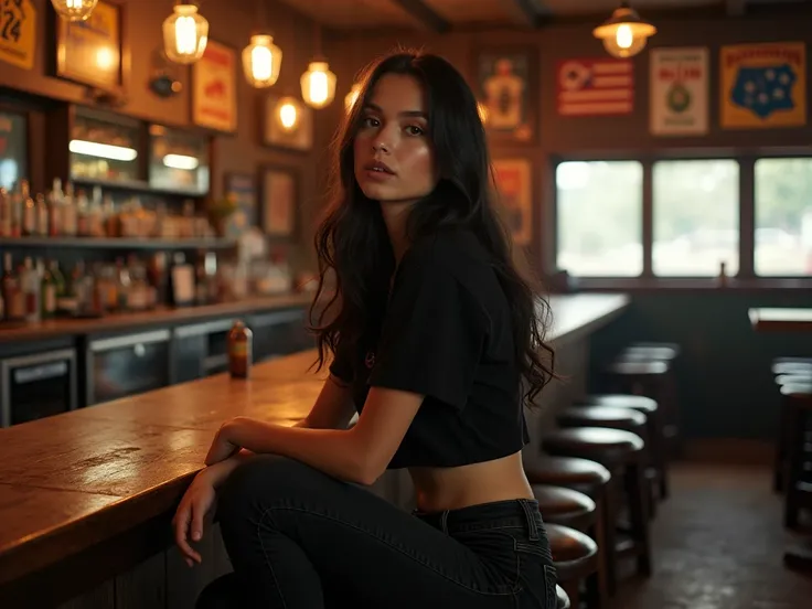 Girl sitting at a bar . Emily Rudd, лицо Emily Rudd,  Beautiful 18 year old girl, } Och Uzkaya Talia 5 { x} Dobrododoushnaya Ulybka , flawless skin, gracefully posing ,  Skinny girl ,  long slightly curly hair, long black hair below the chest,  fair skin ,...