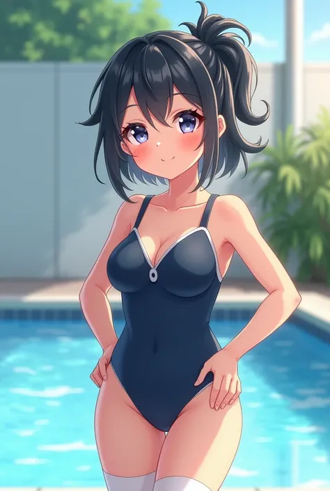 cute, girl, , 6th elementary school student, black hair, Bob- Half up-short ponytail, dark blue school swimsuit, white knee-high socks, big bust, (((shiny skin))), blush, smile