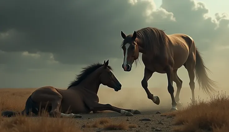 
"A tense and dramatic scene featuring a horse lying on the ground in a vulnerable position, its eyes wide with alarm as it senses an impending attack. In the background, a predator emerges from the shadows, preparing to strike. The horse’s body language s...