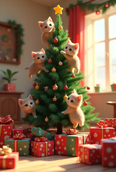 3D cartoon a lot of kittens playing and climbing on christmas tree, messy presents