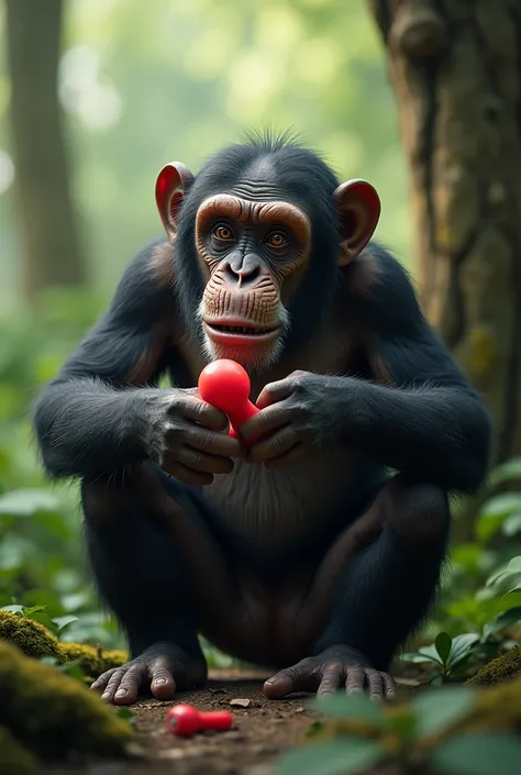 A butt-naked chimpanzee fondling a dildo