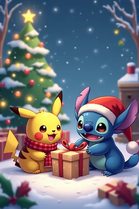 Christmas image of Pokemon and Stitch