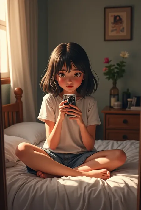 Girl sitting on her bed taking a picture in the mirror