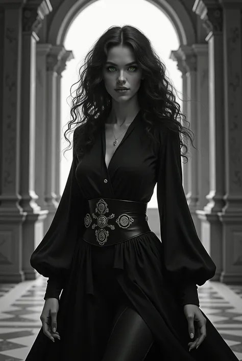  A beautiful young woman with green eyes , magician&#39;s apprentice.  Wearing a shirt that shows some of her big boobs . In a beautiful castle ,  wearing an outfit with colors that represent her powers of light and dark and nature.  curly hair. In black a...