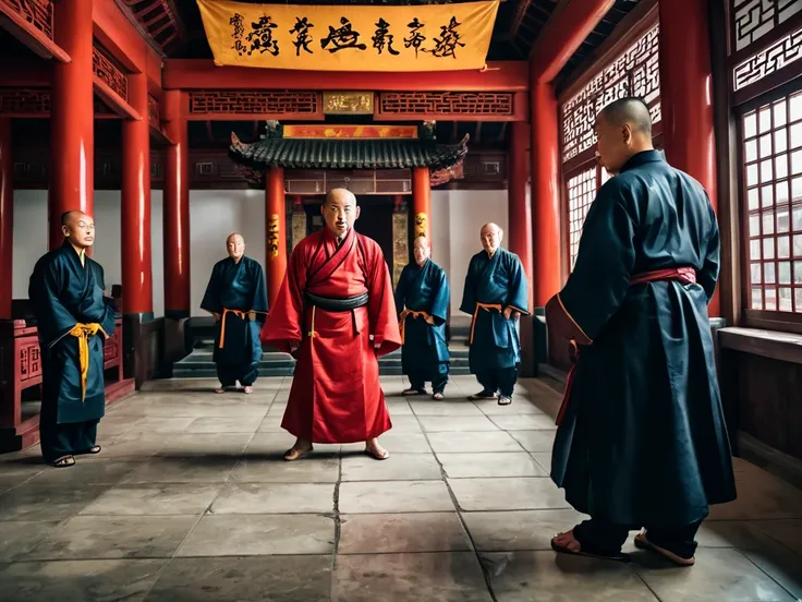 There is an ancient Chinese-style temple. A bad guy in Chinese costume is arrested by several strong men. An old Buddhist monk stands and watches. Indoor environment, side view, HDR.