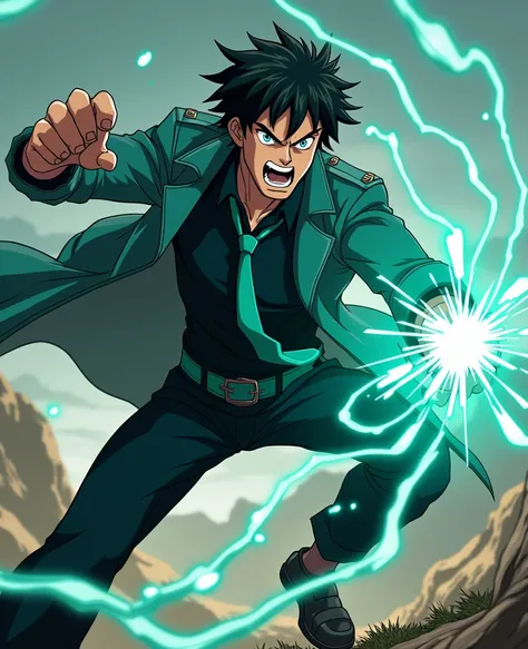 Dynamic action image with blurry outlines. Anime. A handsome, muscular, angry, determined, emotional man with teal eyes, a black shirt, a teal tie, black pants, black shoes, and a teal trench coat wielding glowing teal chains. Conjuring a barrage of chains...