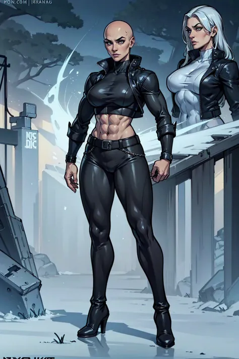 digital art, highly detailed, reference sheet, angled view, standing pose, legs spread apart, mature woman, adult female, bald, heavy muscular feminine features, bulky muscular figure, six-pack abs, whole body, form-fitting, Killer Frost (DC Comics) inspir...