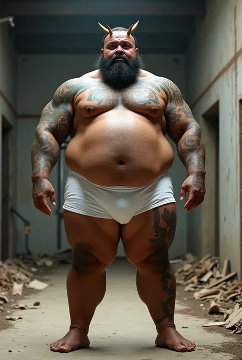    Muscular and fat Maori man   , Its big and huge    , Is that fat  ,    his body Beefy   ,   who has tattoos  ,  Wear white latex boxers  , He is muscular,    is in a building under construction,   that you can see your whole body ,   show your feet , It...