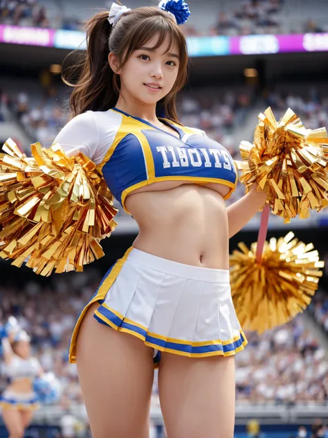 masterpiece,Highest quality,Very detailed,High resolution,(Realistic,photoRealistic:1.37),Excellent anatomy,One beautiful woman,18-year-old,height:152 cm,Blue Cheerleader,(Holding big pom-poms in both hands:1.5),Big smile,cheer leading,Cheerleader uniform,...