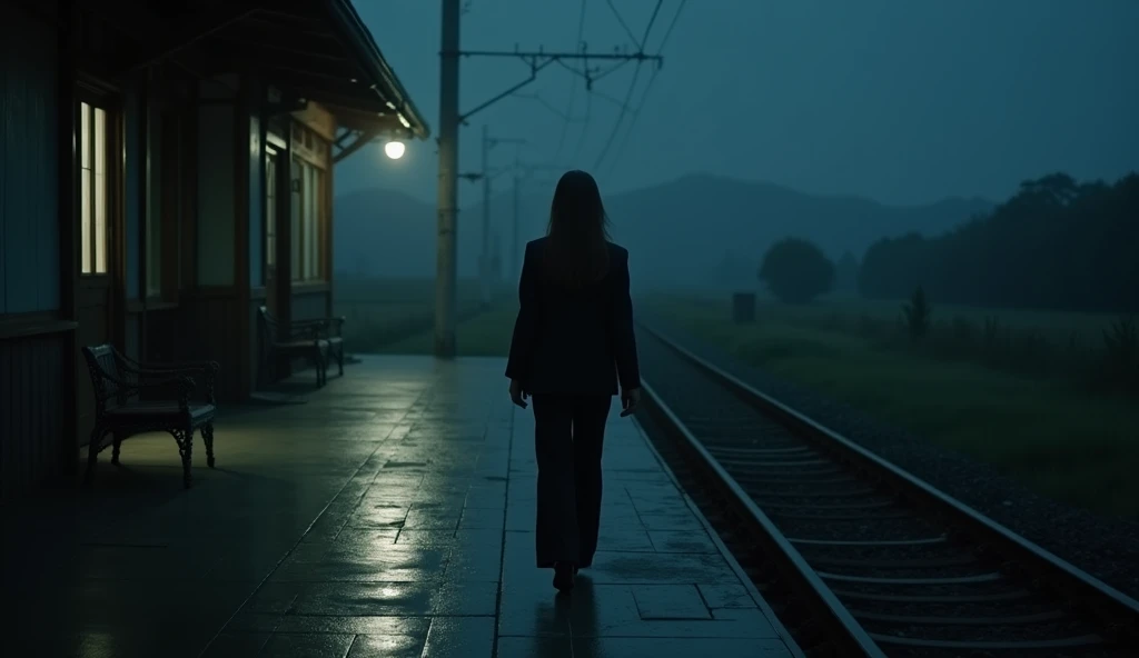 Live action, Japan, rural, woman leaving station at midnight. The woman is wearing a suit. Eerie atmosphere.