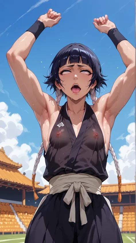 a picture, inspired by Kentaro Miura, trending on pixiv, soifon from bleach, black uniform, favorite scene, fine details, skins, sweating, small breasts, both hands raised, armpits, armpits visible, dripping with sweat, more more sweat, ((Japanese clothes)...