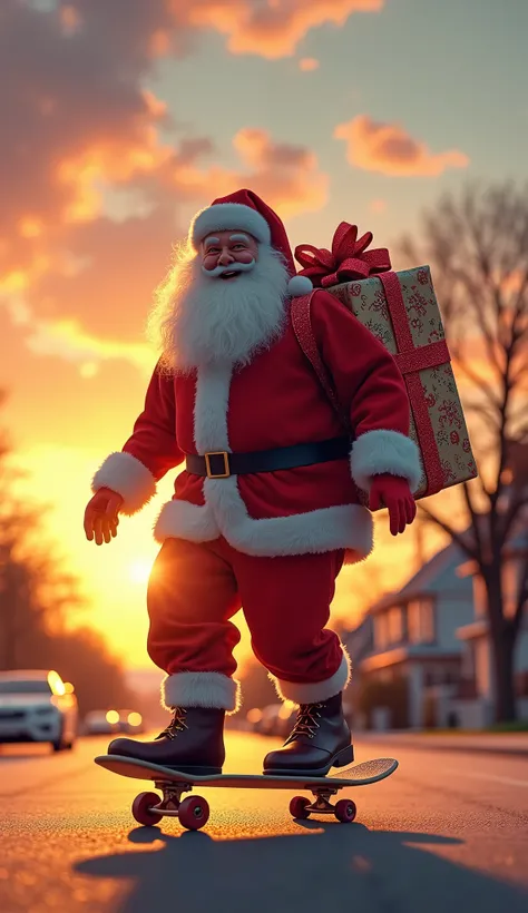 Santa leisurely pedals his skateboard，carrying a package on its back，The background is when the sun is just right